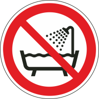 Schilder 'Verbot, das Gerät in der Badewanne, der Dusche oder über mit Wasser gefülltem Becken zu benutzen'