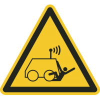 Schilder "Warnung Gefahr des Überfahrens durch ferngesteuerte Maschinen"