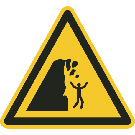 Aufkleber "Warnung vor Steinschlag von instabiler Klippe"