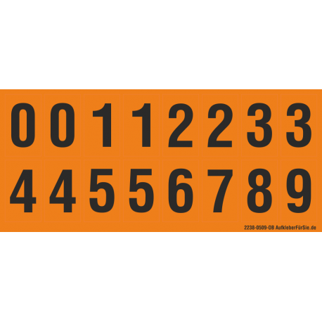 Buchstabenaufkleber, Orange - Schwarz 0-5 + 0-9