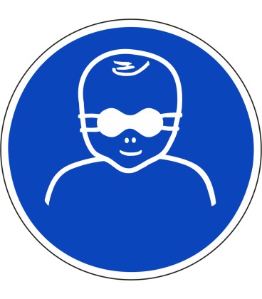 Schilder "Kleinkinder durch weitgehend lichtundurchlässige Augenabschirmung schützen"