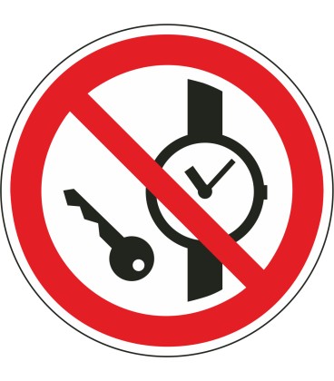 Schilder "Das Mitführen von Metallteilen oder Uhren verboten"