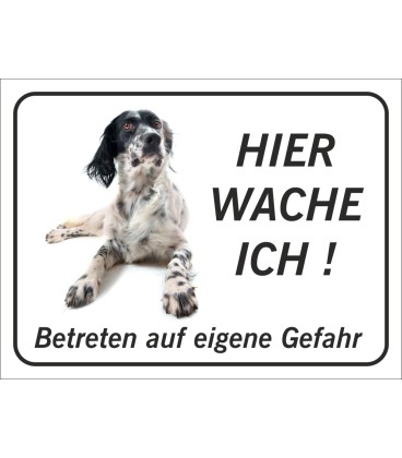 English Setter "Hier wache ich"-Aufkleber (schwarz)