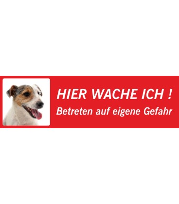 Jack Russell Terrier "Hier wache ich"-Aufkleber (rot, niedriges Modell)