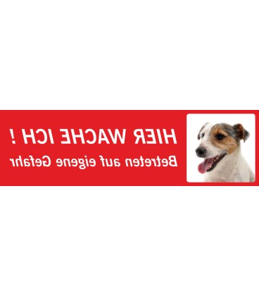 Jack Russell Terrier "Hier wache ich"-Aufkleber (rot, niedriges Modell)
