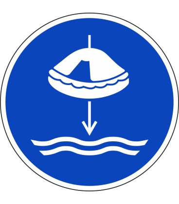 Schilder "Rettungsfloß fieren beim Aussetzvorgang"
