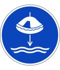 Schilder 'Rettungsfloß fieren beim Aussetzvorgang'