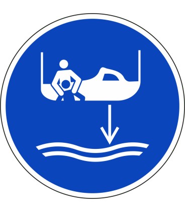 Schilder "Bereitschaftsboot fieren beim Aussetzvorgang"