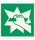 Lumineszierenden Schilder 'Notausgangsvorrichtung (erreichbar nach Zerschlagen einer Scheibe)'